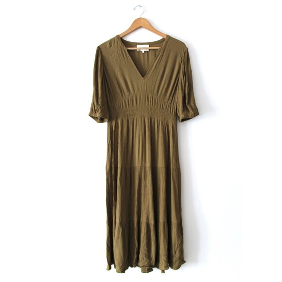 ba&sh Norma Midi Dress / Large / US 8 / Khaki Green V-Neck Smocked - Picture 5 of 11